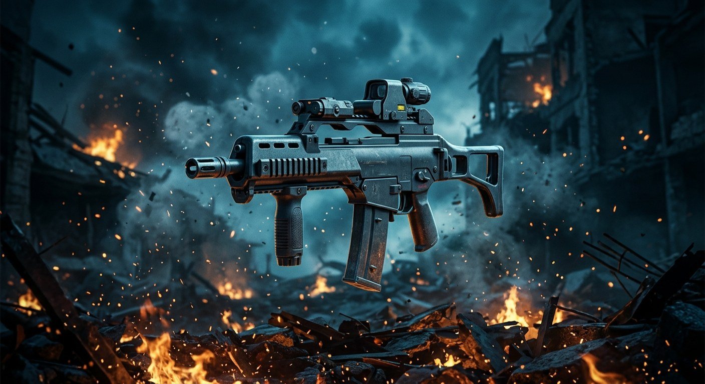 Fusil d'assaut compact à poignée verticale dans les ruines