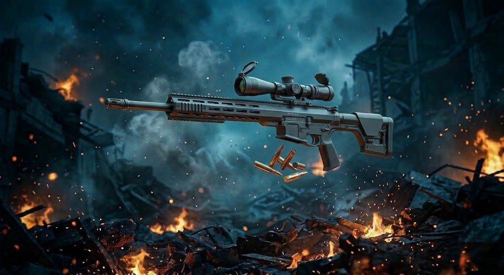 Fusil de précision semi-automatique à lunette dans les ruines