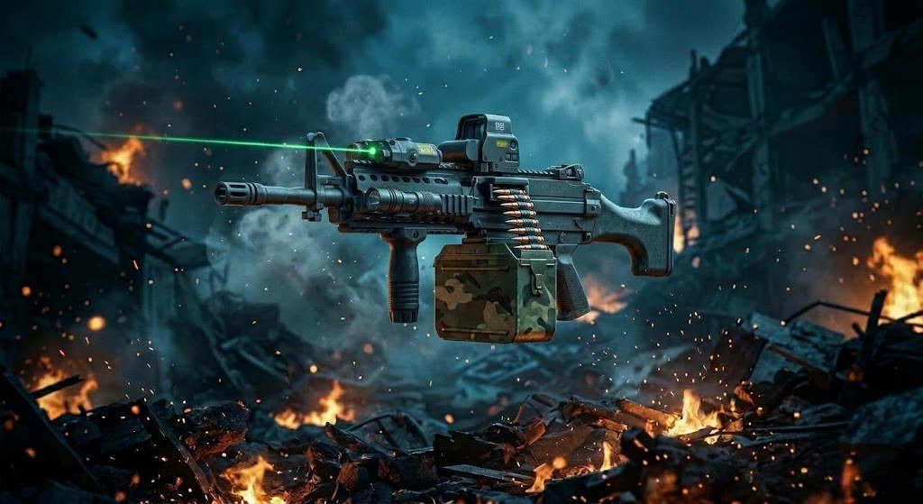 Mitrailleuse légère à caisse de munitions dans les ruines