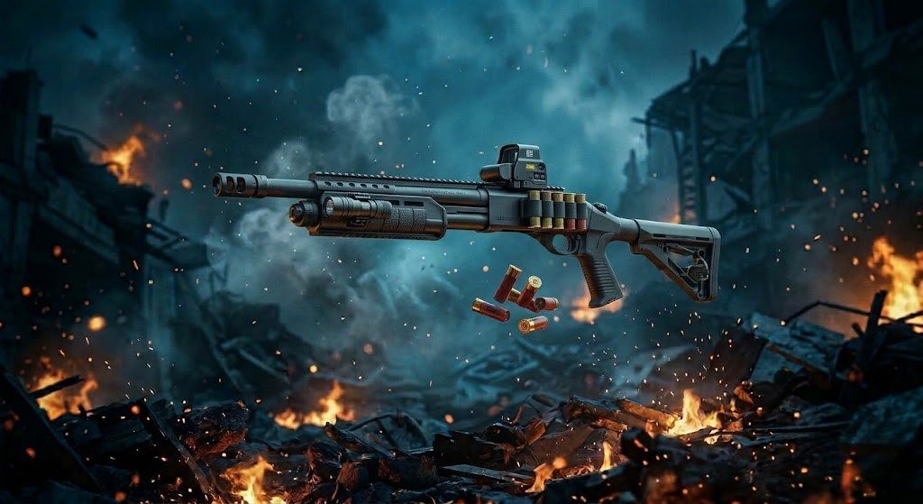 Fusil à pompe tactique et cartouches dans les ruines