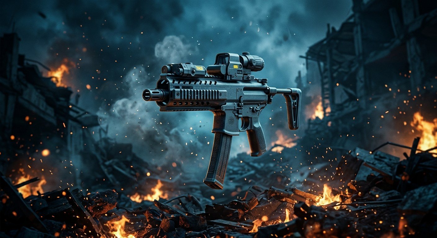 Pistolet-mitrailleur à chargeur long dans les ruines